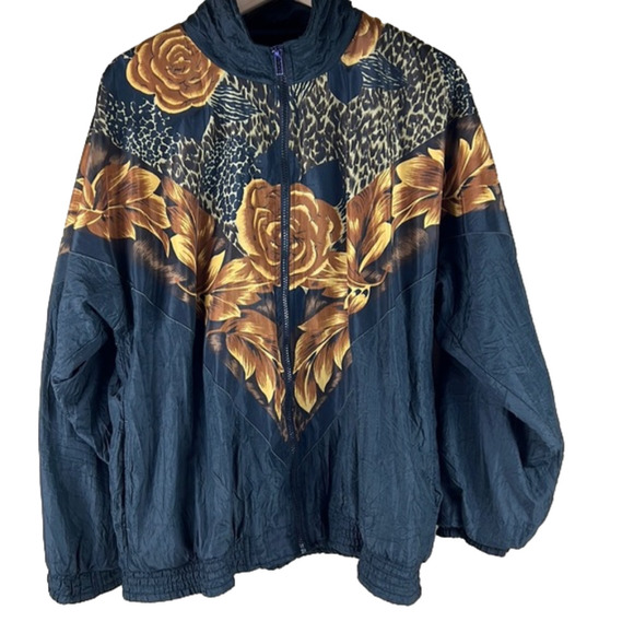 VINTAGE  80's Argee Sports Windbreaker Jacket Women's Medium Black Gold Floral - Picture 1 of 10